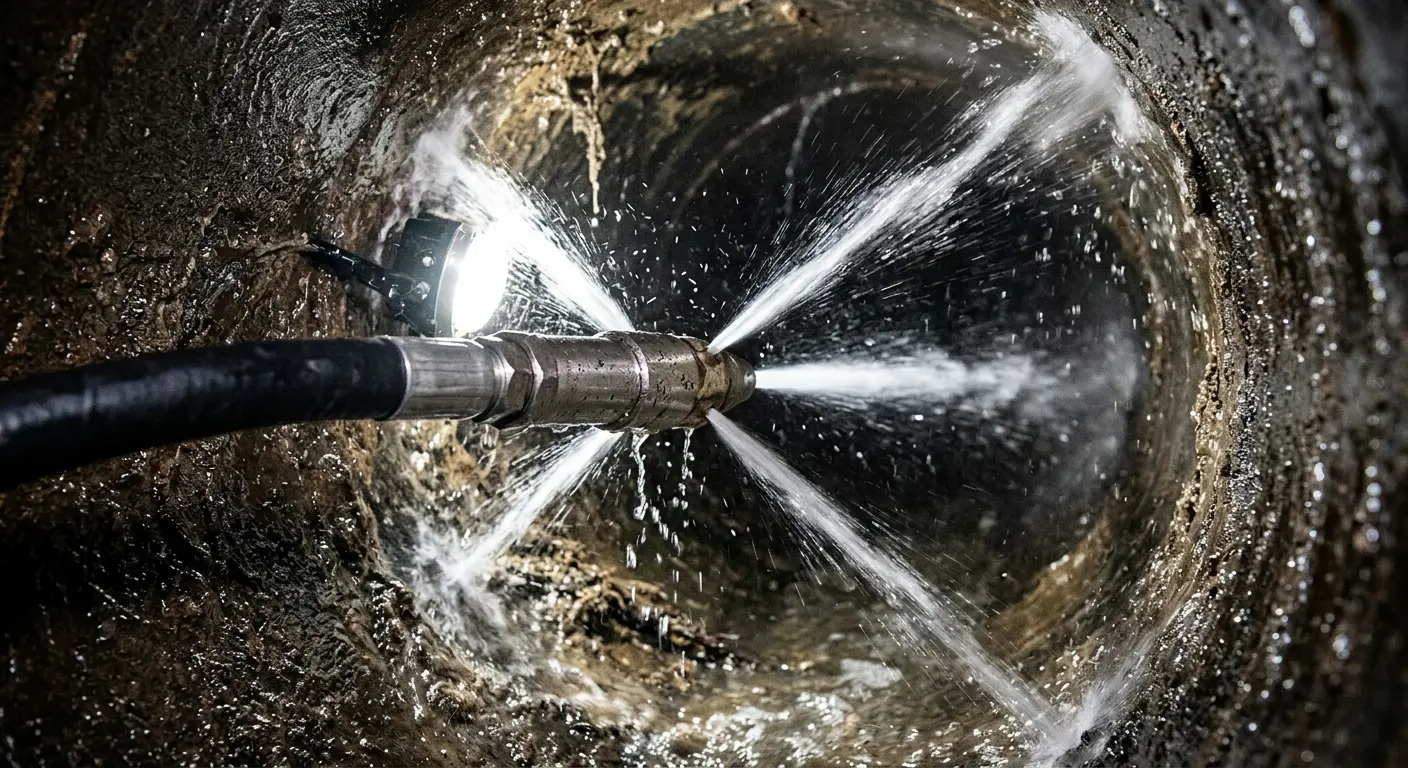 High-pressure hydro jetting nozzle cleaning sewer pipe for Sewer Cleanout in Escalon