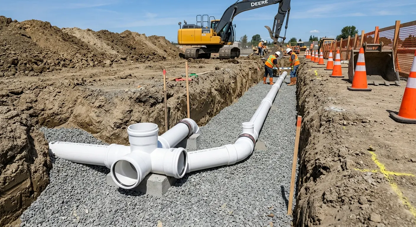 New PVC sewer pipe installation in open trench for Sewer Backup in Escalon