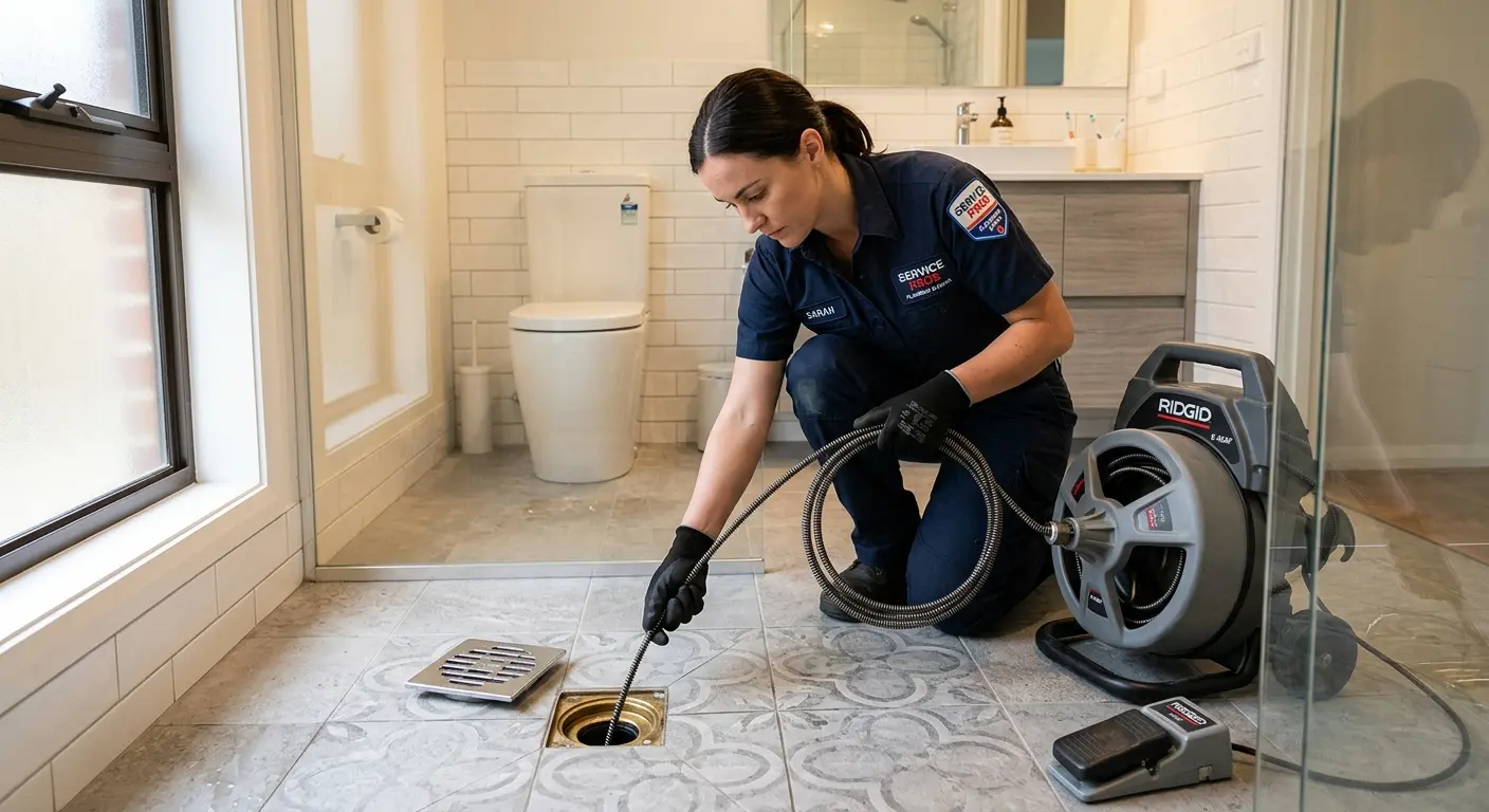 Technician clearing a bathroom floor drain for Drain Cleaning in Escalon